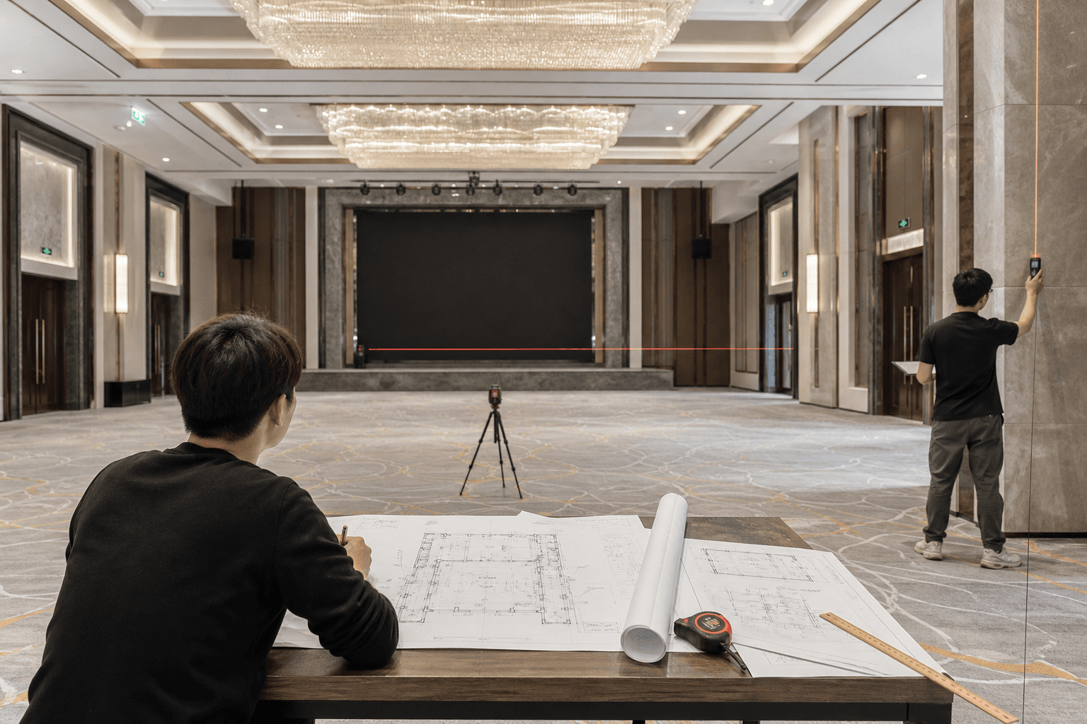 设计师在真实宴会厅核对尺寸、柱位与入口
