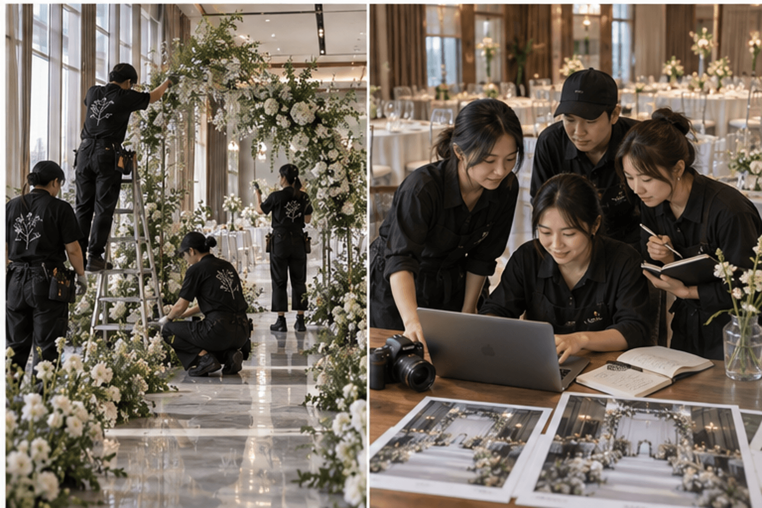 婚礼花艺团队在真实现场安装并复核配色