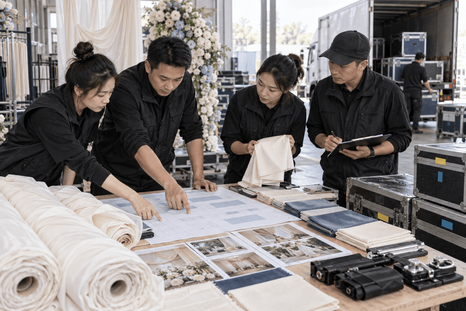 婚礼搭建团队核对布幔物料成本与运输准备