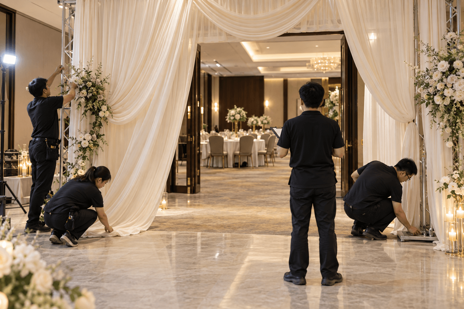 婚礼布幔团队检查入口净宽与现场安全